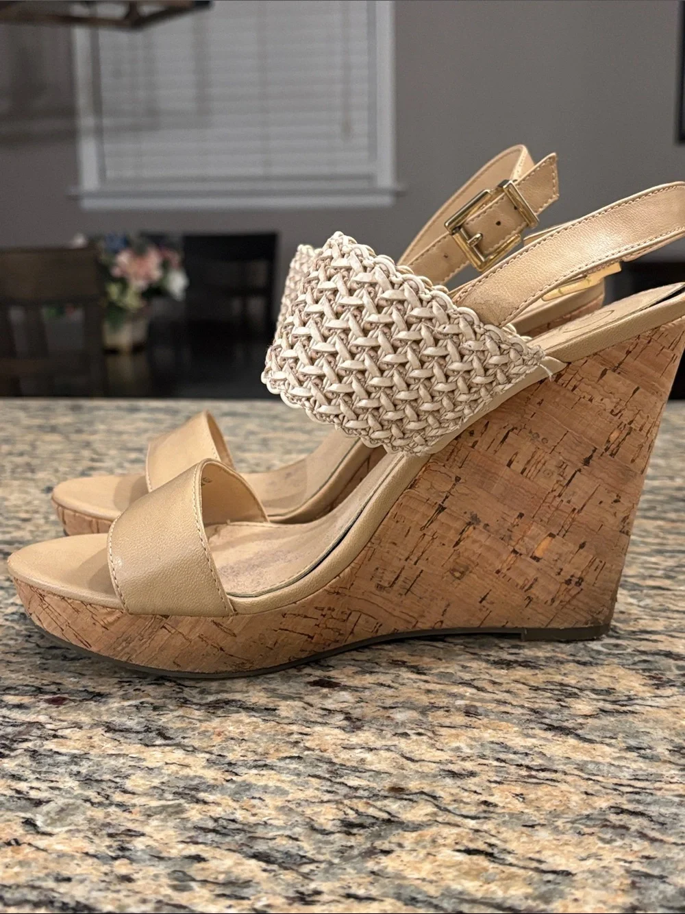 Jessica Simpson Nude Cork Wedge Sandals Woven Slingback Platform Heels Size 8B